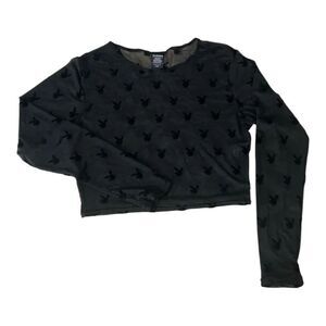 Play Boy Women Crop Top Size L/XL Black Lace Sheer Long-Sleeve Scoop-Neck Blouse